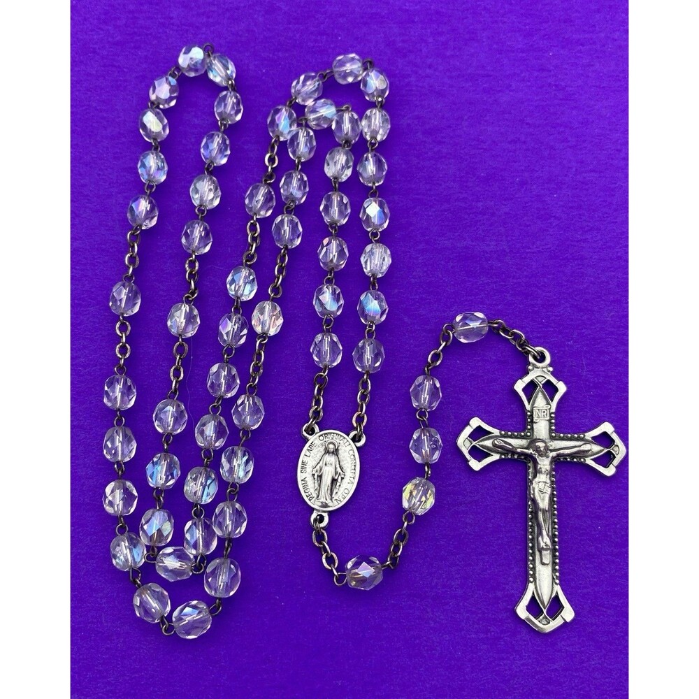 Vintage Claudio Cipolletti Aurora Borealis Crystal Faceted Glass Rosary, ITALY